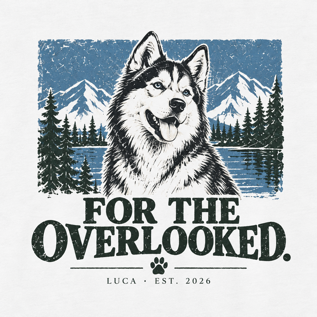 Close-up of the husky, mountain scenery and For the Overlooked design on the white Luca Original Long sleeve shirt